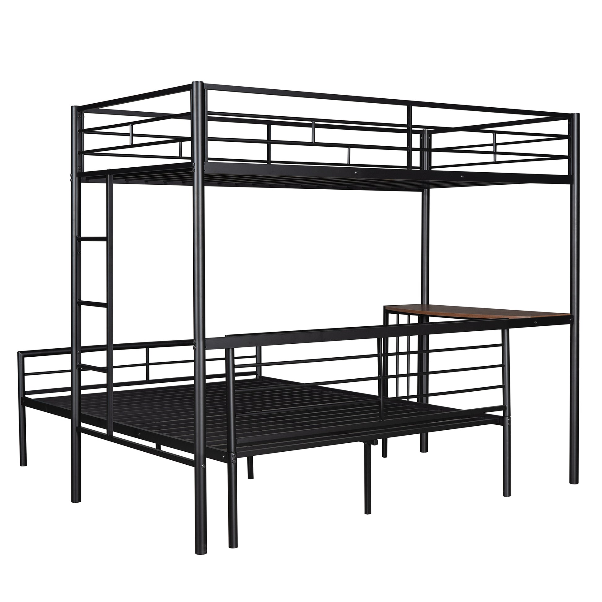 Homey Life Twin Over Full Metal Bunk Bed with Desk & Ladder in Black