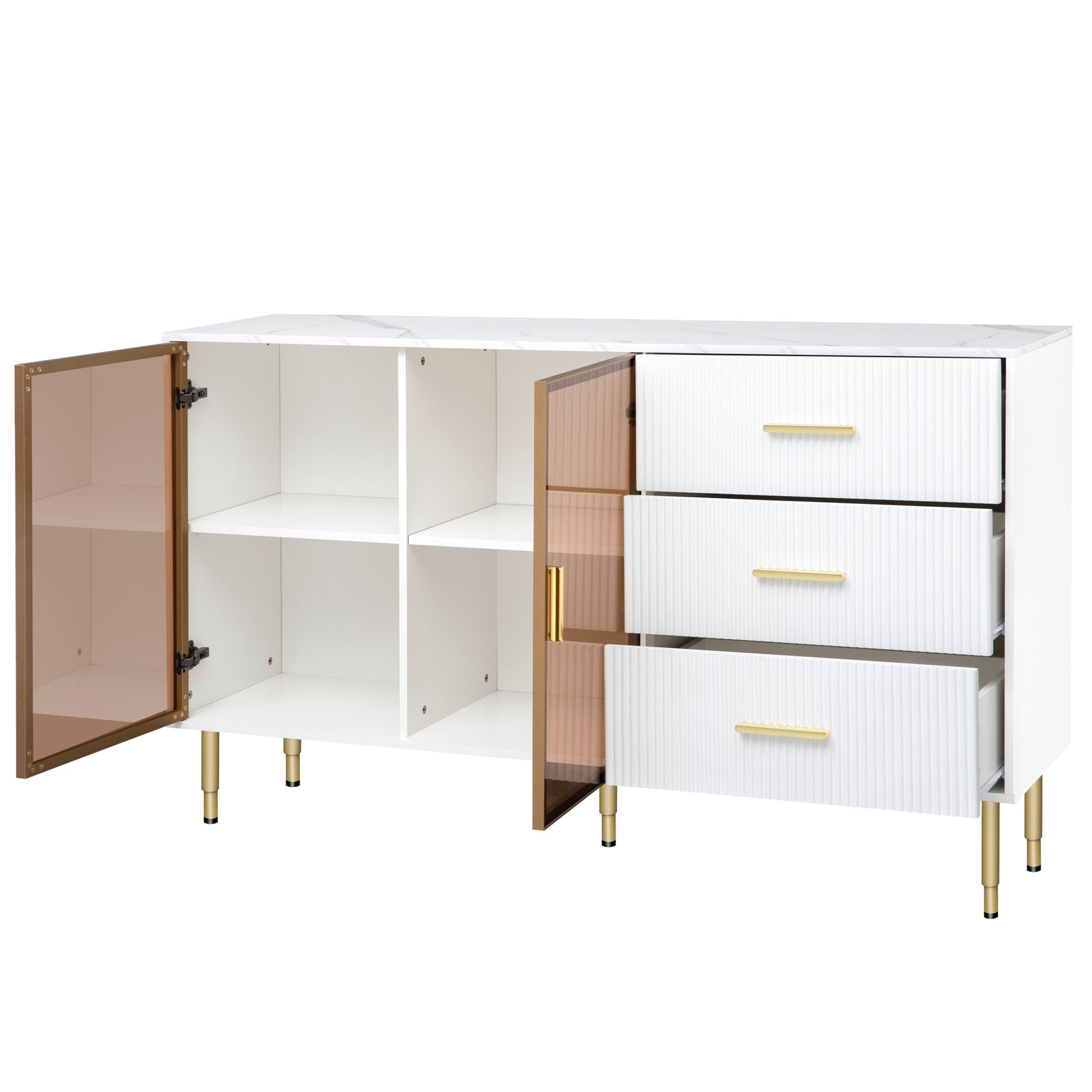 TREXM Modern Sideboard Cabinet Marble Sticker Tabletop and Amber-Yellow Tempered Glass Doors with Gold Metal Legs & Handles White