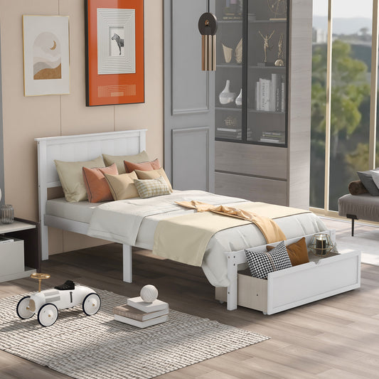 Homey Life Twin Size Platform Bed with Under-bed Drawer, White