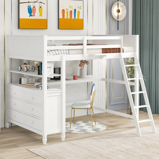 Full size Loft Bed with Drawers and Desk - White