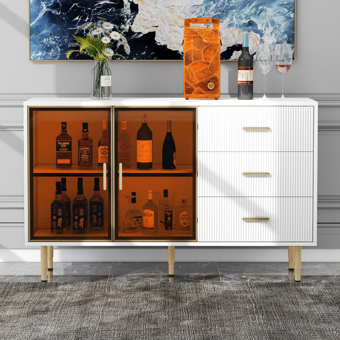 TREXM Modern Sideboard Cabinet Marble Sticker Tabletop and Amber-Yellow Tempered Glass Doors with Gold Metal Legs & Handles White