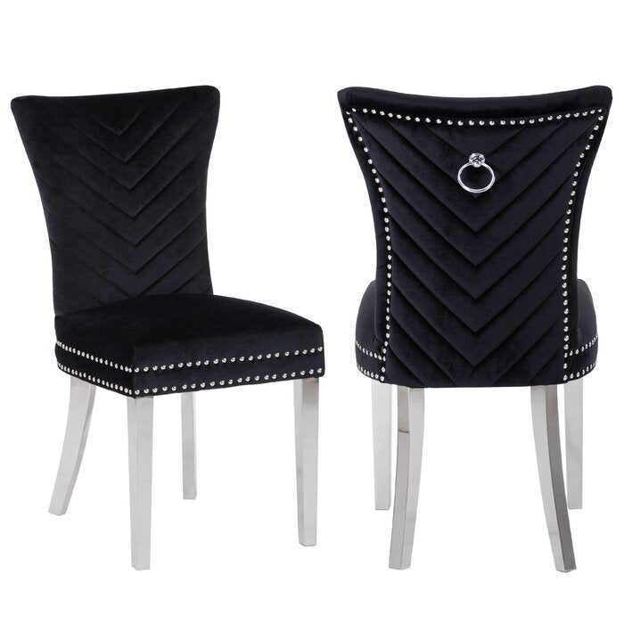 Eva Transitional Velvet Dining Chair with Stainless Steel Legs in Black Set of 2