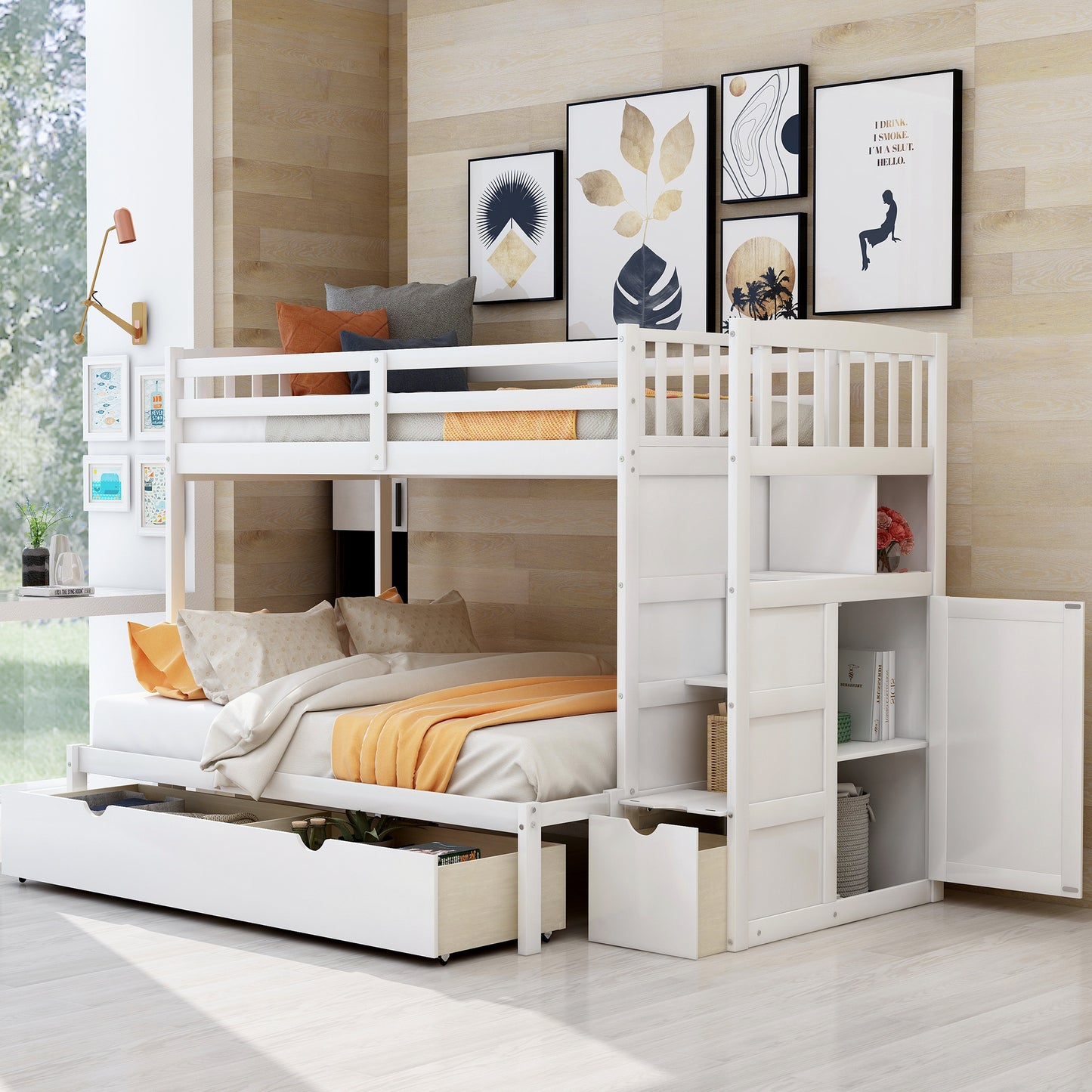 WM Store Twin over Full/Twin Bunk Bed, Convertible Bottom Bed, Storage Shelves and Drawers, White