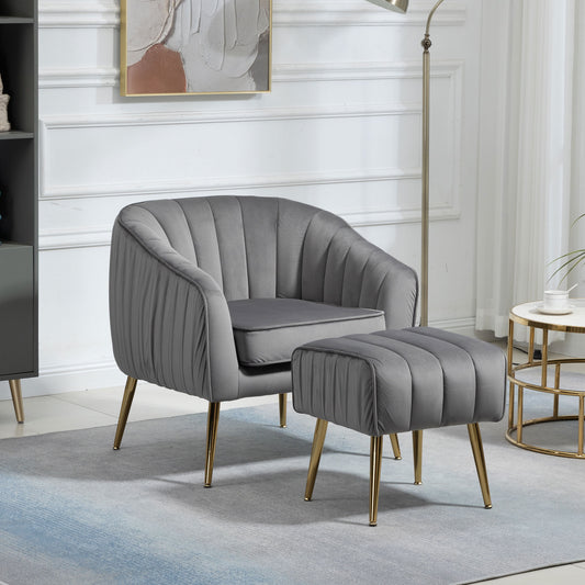 Velvet Accent Chair with Ottoman Set in Gray