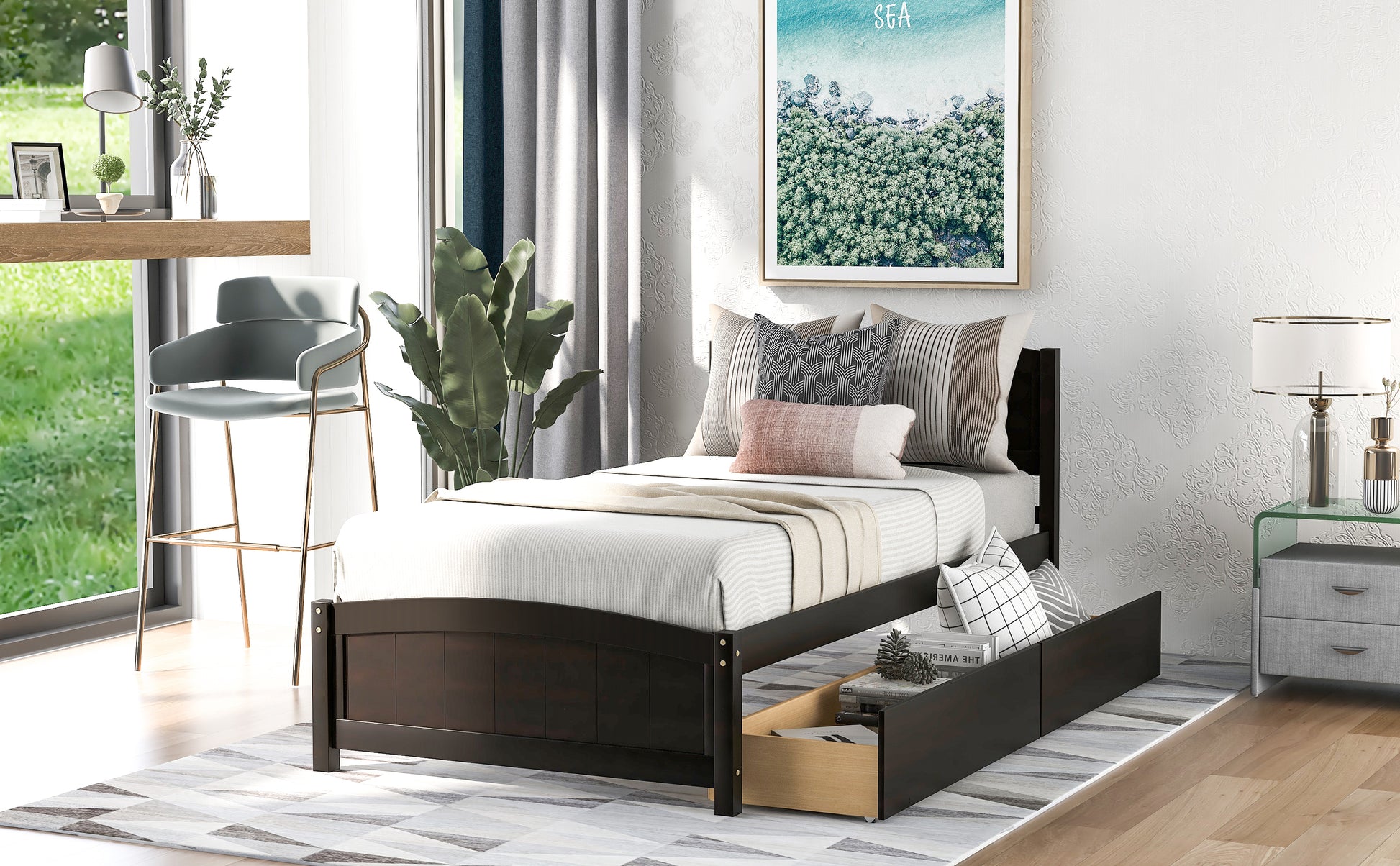 Homey Life Twin size Platform Bed with Two Drawers, Espresso