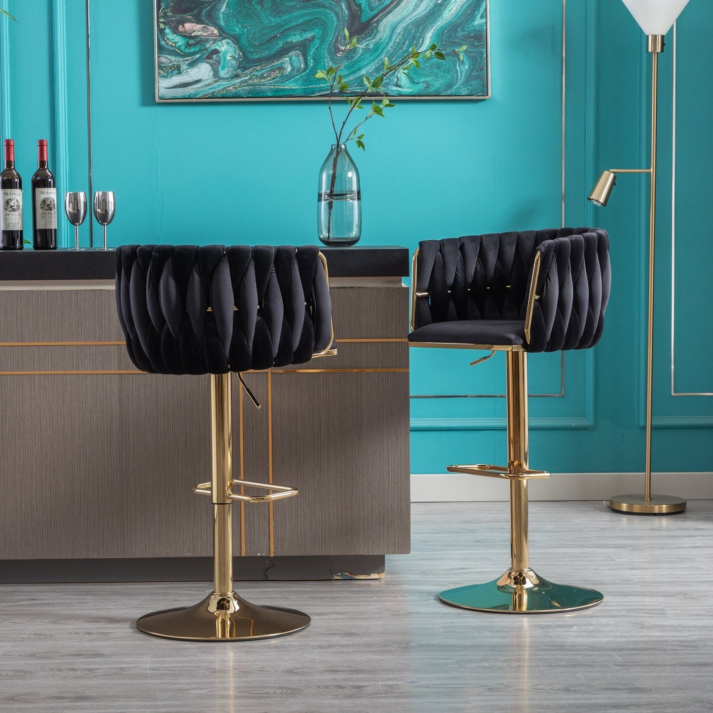 WeeHaa Modern Black Velvet Adjustable Height Bar Stool Set of 2