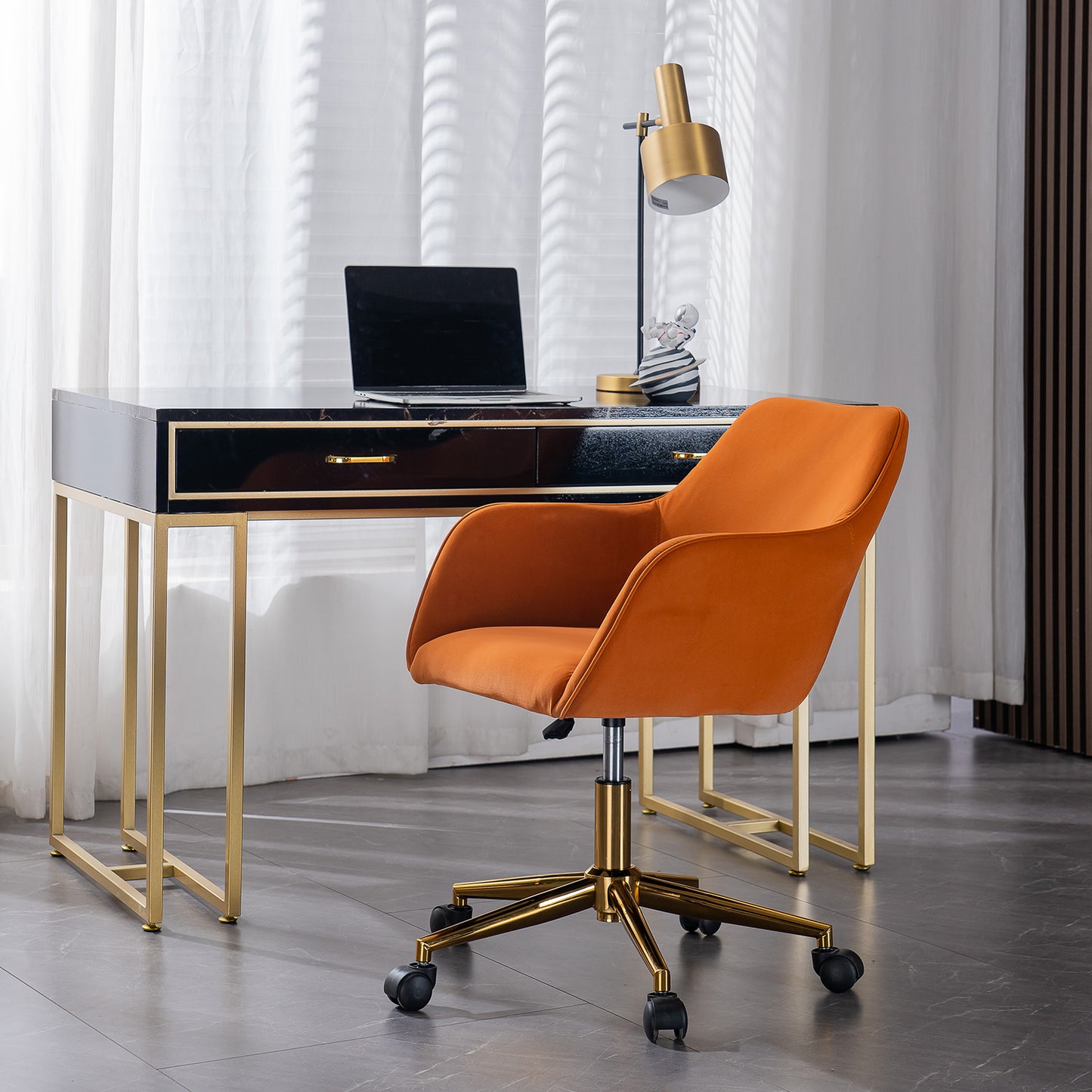 DG Collection Modern Swivel Office Chair in Orange Velvet with Gold Base