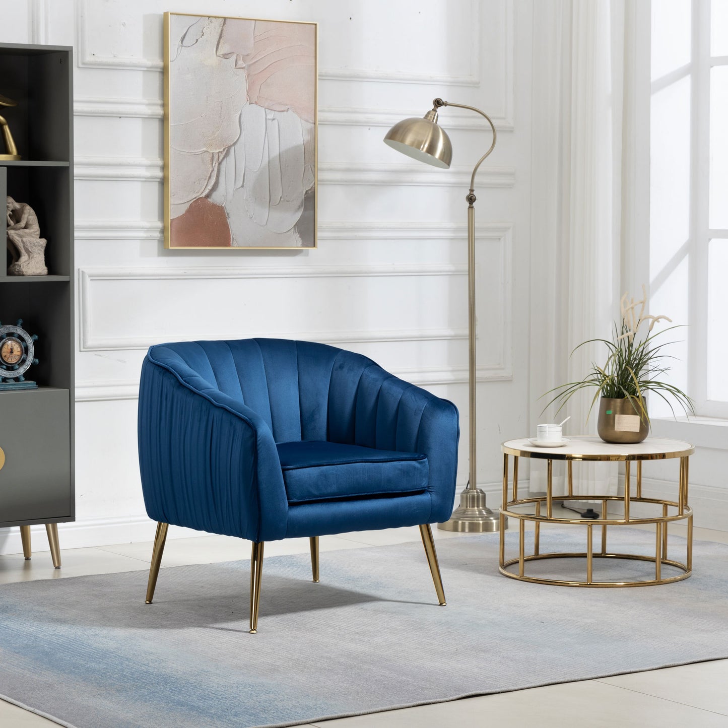 Velvet Accent Chair with Ottoman Set in Blue