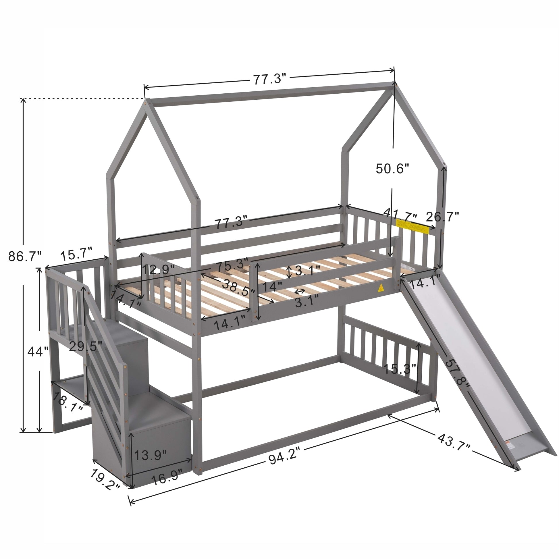 WM Store Twin over Twin House Bunk Bed with Convertible Slide,Storage Staircase can be Placed Left or Right,Gray