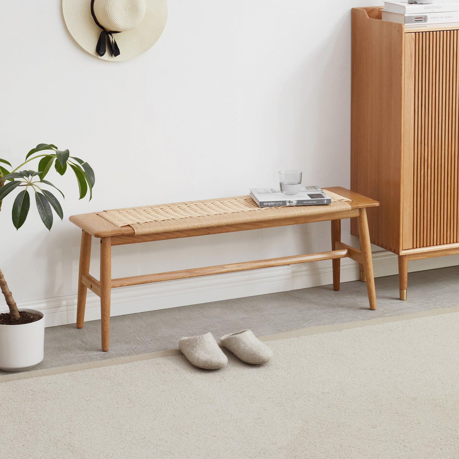 Yeswood Woven Design Natural Solid Oak Wood Bench