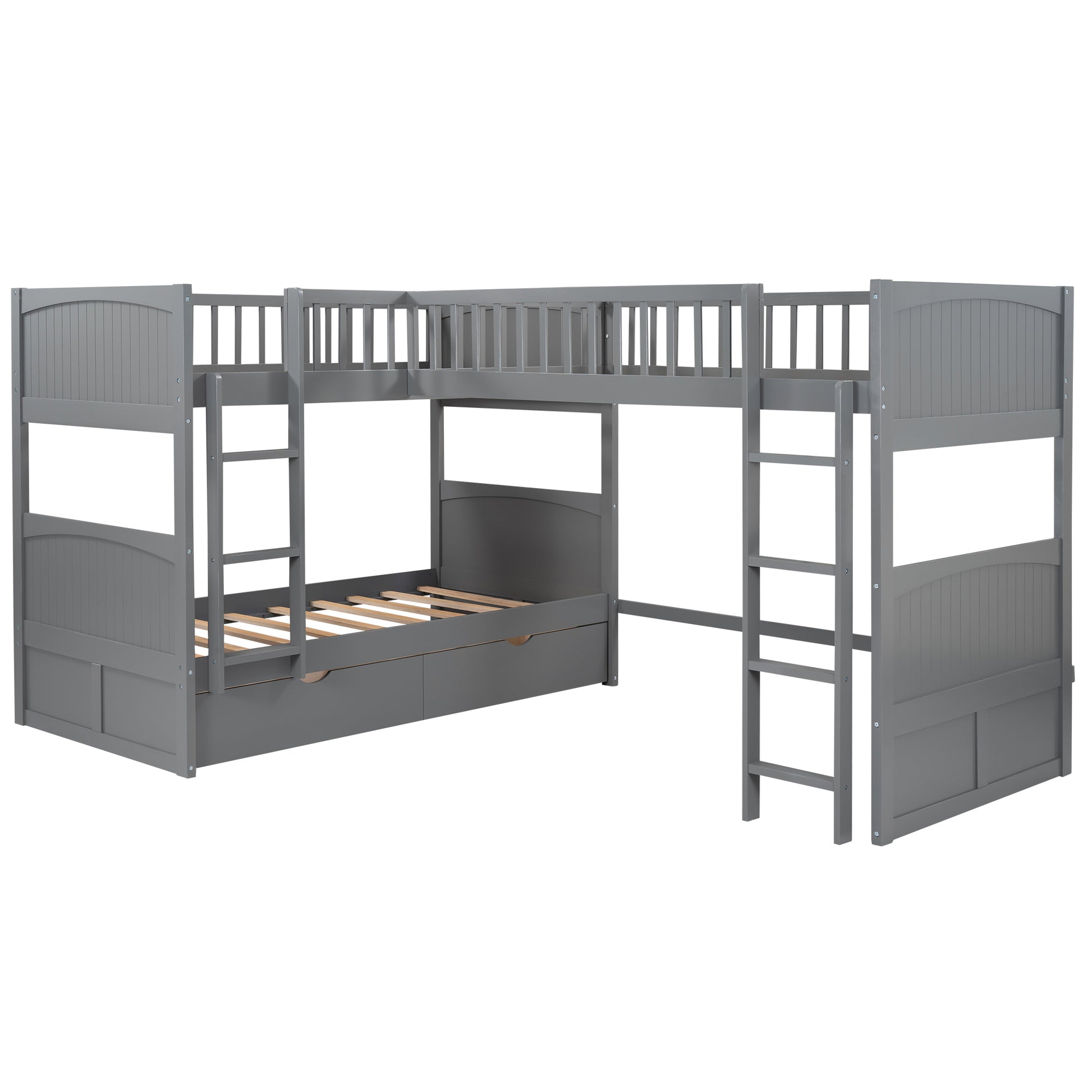 WM Store Twin Size Bunk Bed with a Loft Bed attached, with Two Drawers,Gray