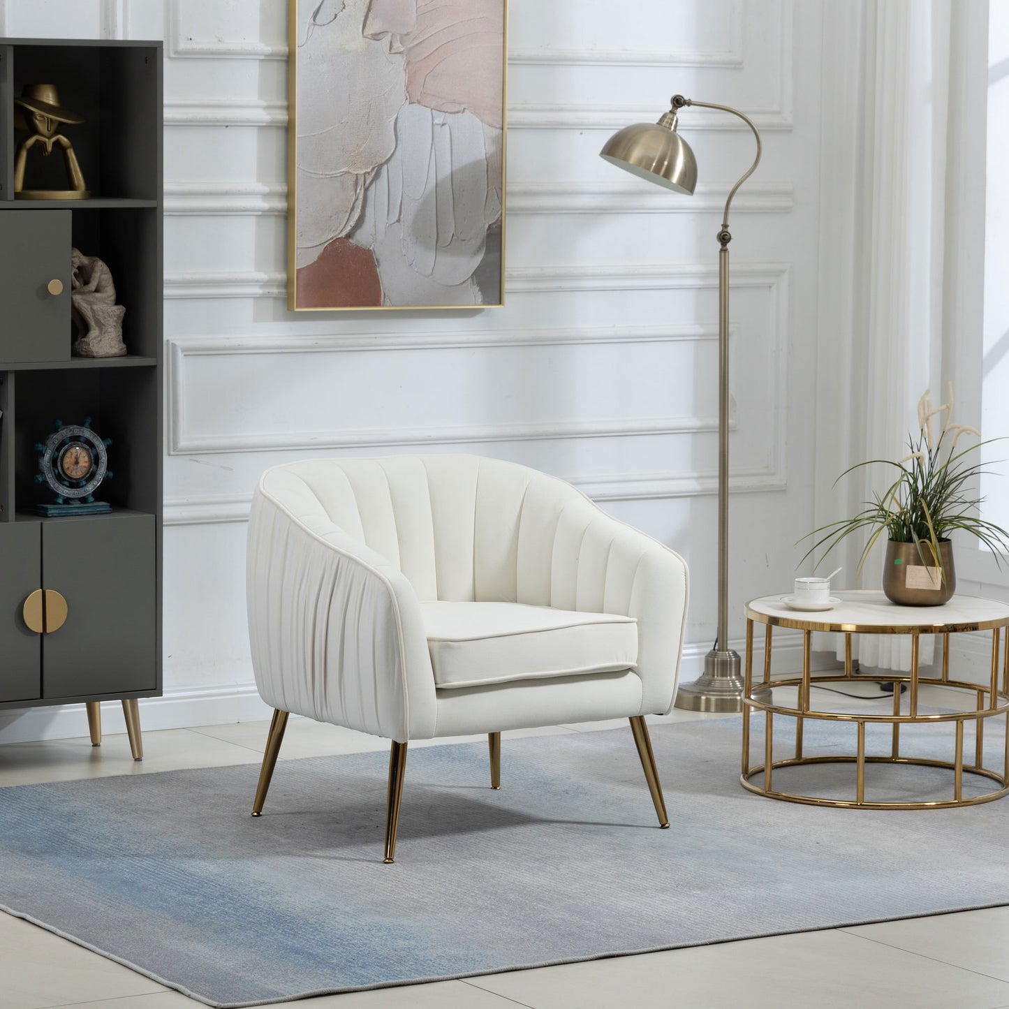 Velvet Accent Chair with Ottoman Set in Beige