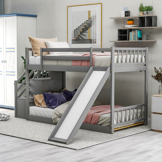 WM Store Twin over Twin Bunk Bed with Convertible Slide and Stairway, Gray