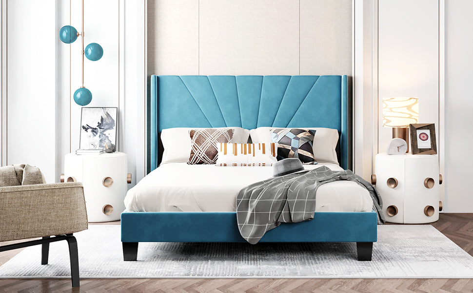 Queen Size Velvet Upholstered Bed - Blue