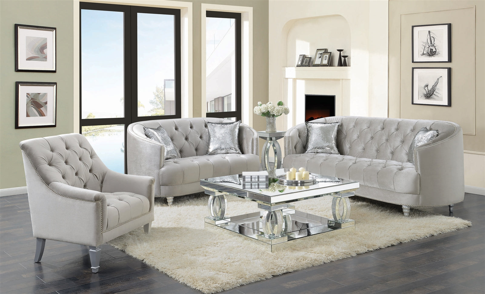 Avonlea II Tufted Gray Velvet "C" Shape Sofa w- Silver Feet