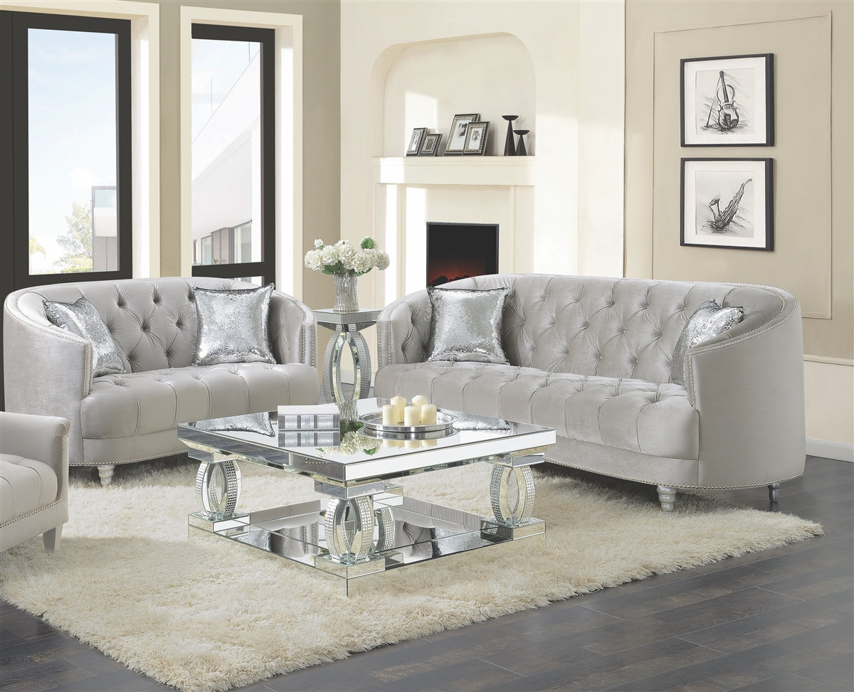 Avonlea II Tufted Gray Velvet "C" Shape Sofa & Loveseat Set w- Silver Feet