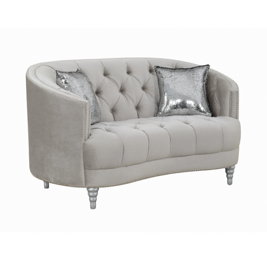 Avonlea II Tufted Gray Velvet "C" Shape Loveseat w- Silver Feet