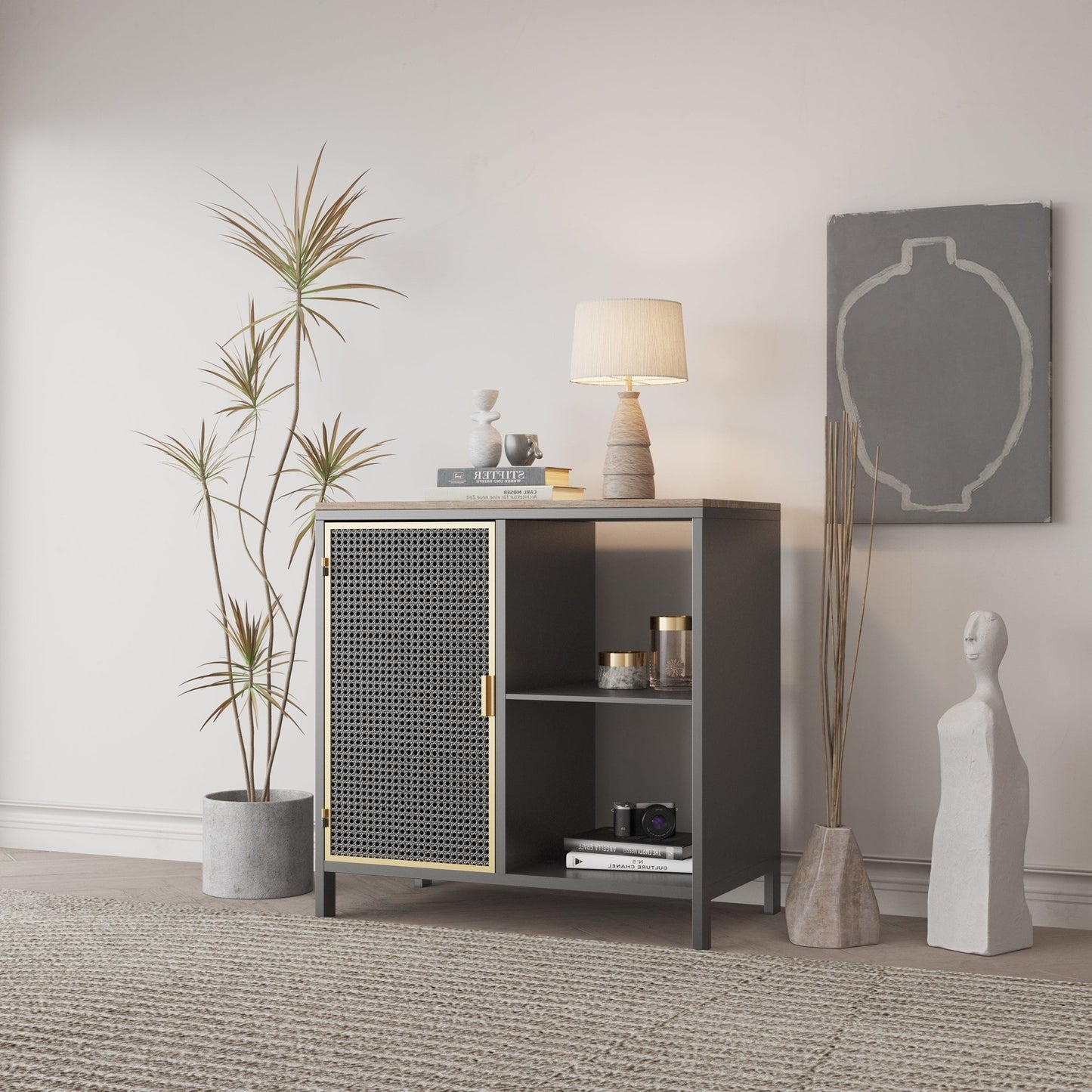 Modern 31.69” Sideboard Cabinet in Dark Gray & Gold