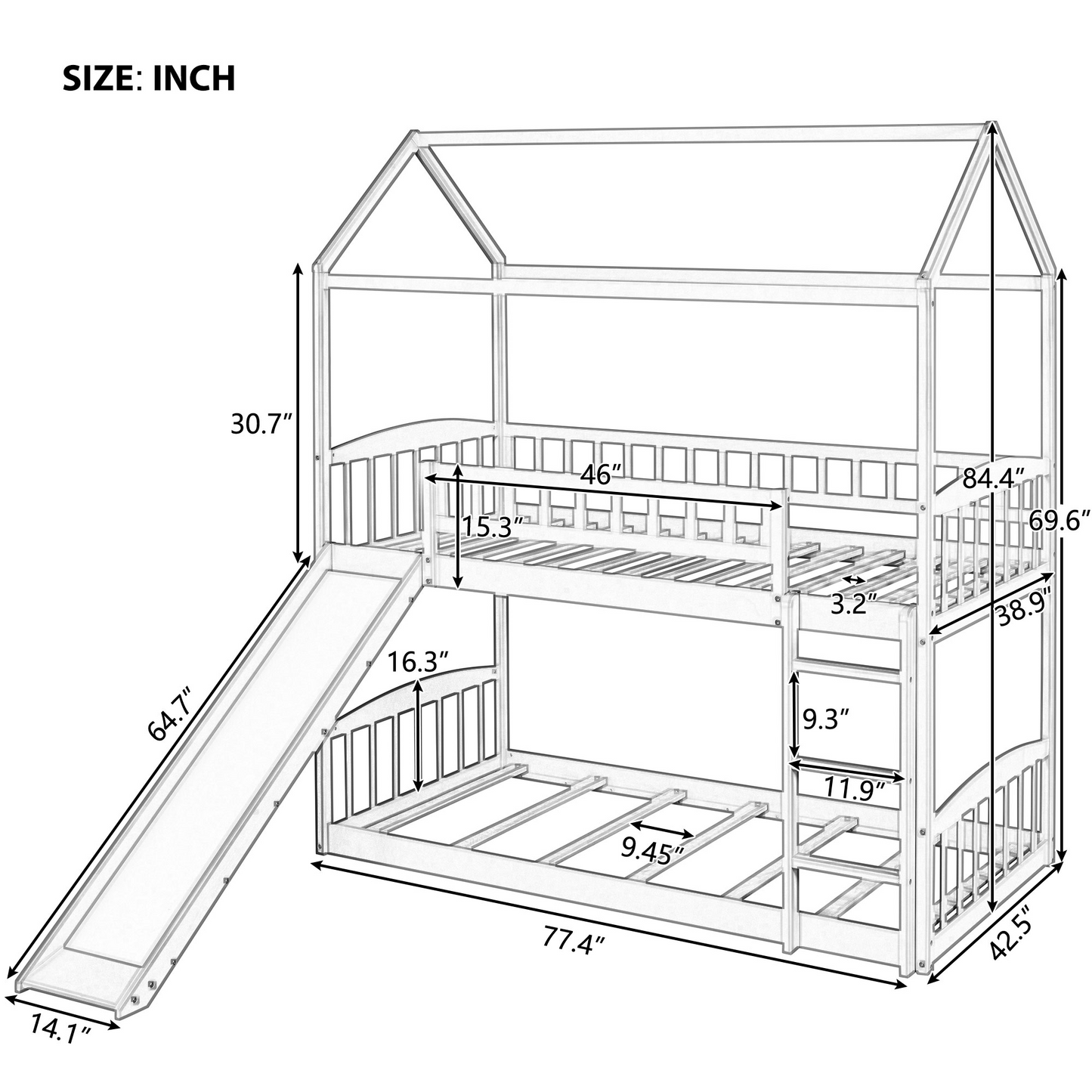 Twin Over Twin Bunk Bed with Slide, House Bed with Slide, Gray