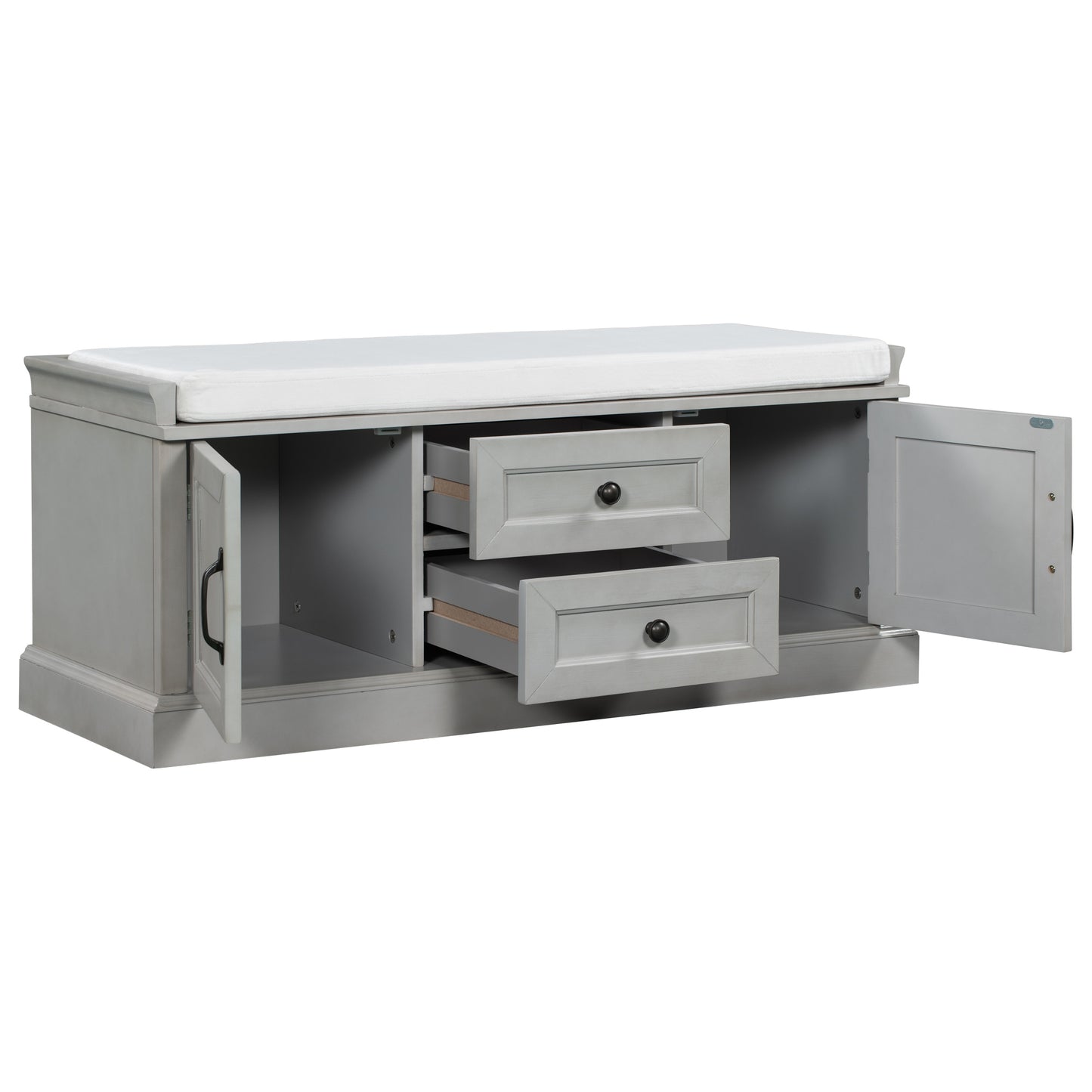 TREXM Storage Bench with 2 Drawers and 2 Cabinets - Gray Wash