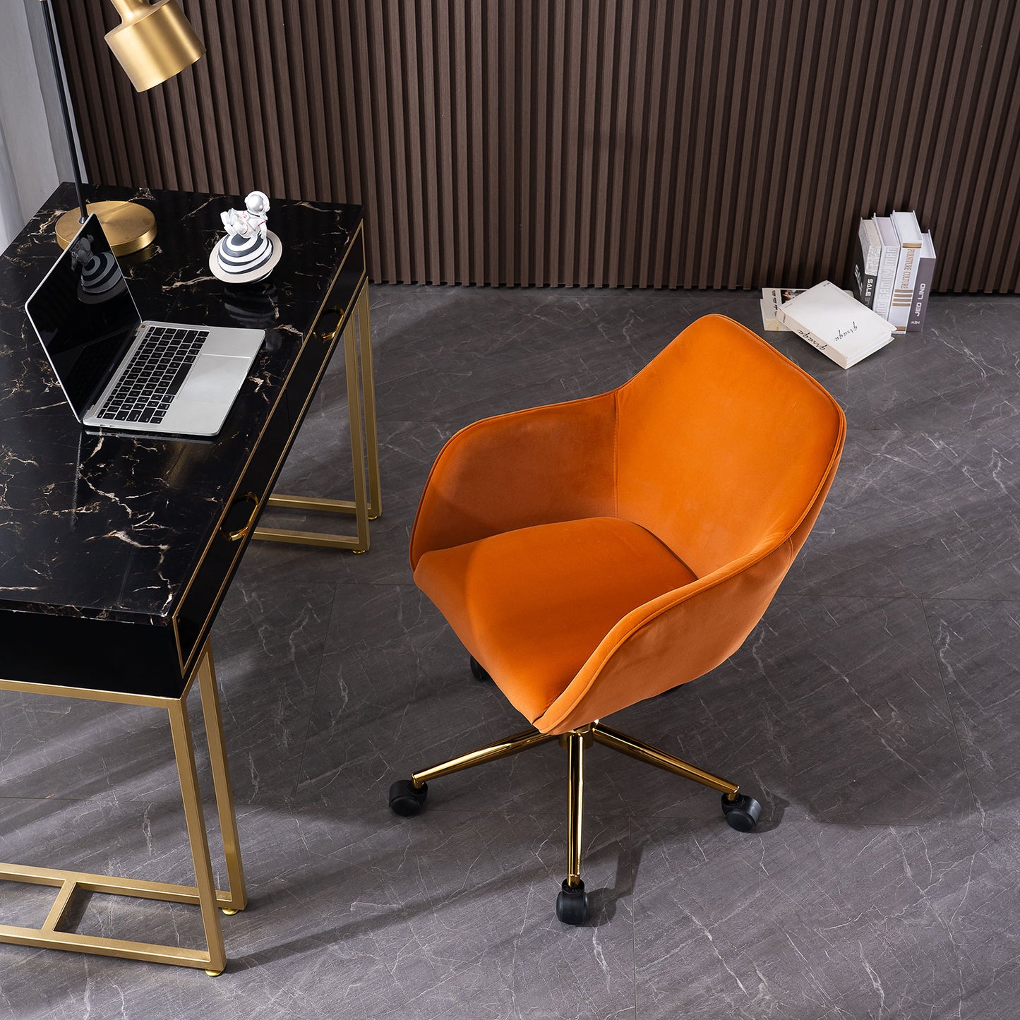 Modern Swivel Office Chair in Orange Velvet with Gold Base