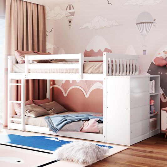 Twin over Twin Bunk Bed with 4 Drawers and 3 Shelves-White