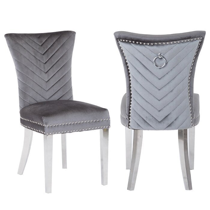 Eva Transitional Velvet Dining Chair with Stainless Steel Legs in Gray Set of 2