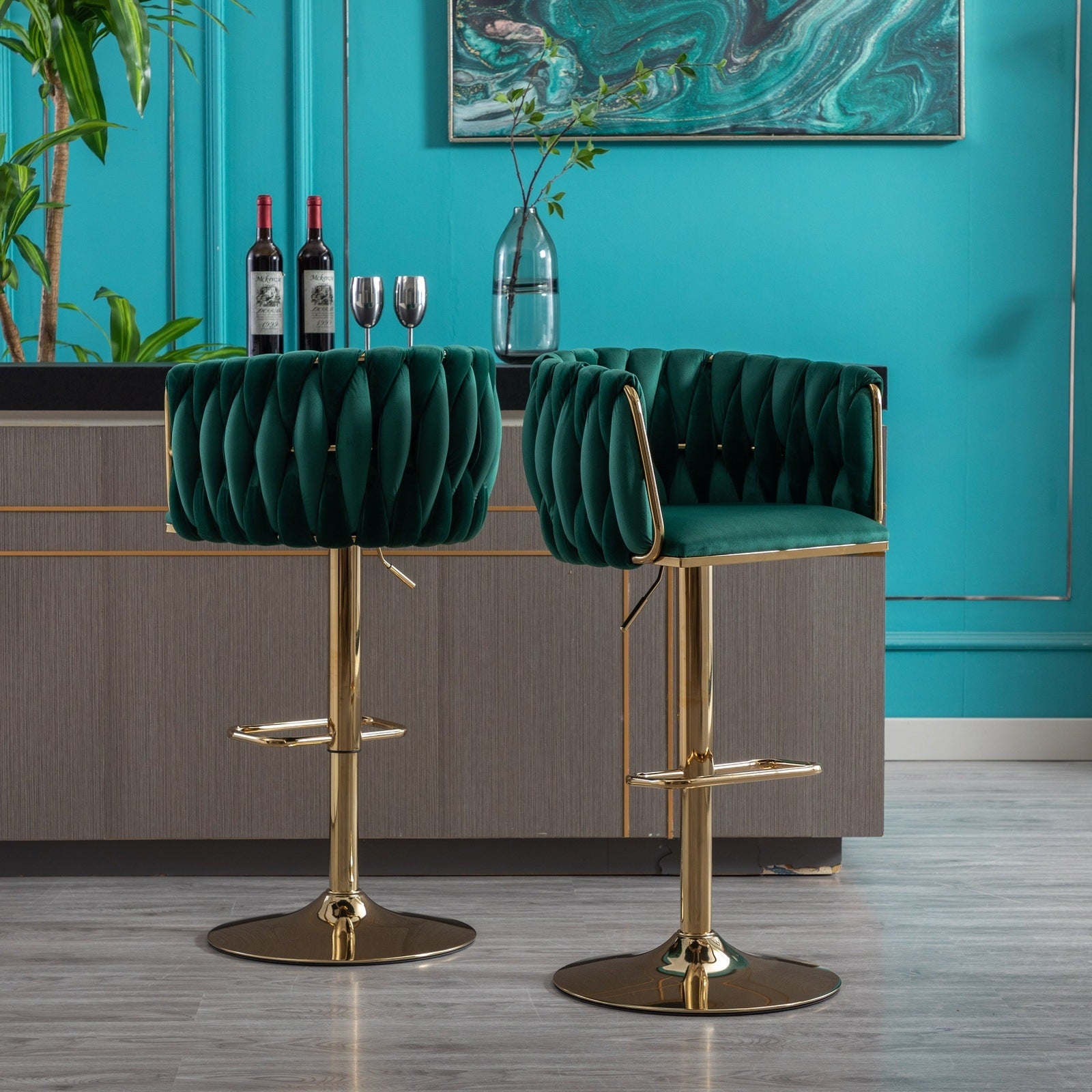 WeeHaa Modern Green Velvet Adjustable Height Bar Stool Set of 2