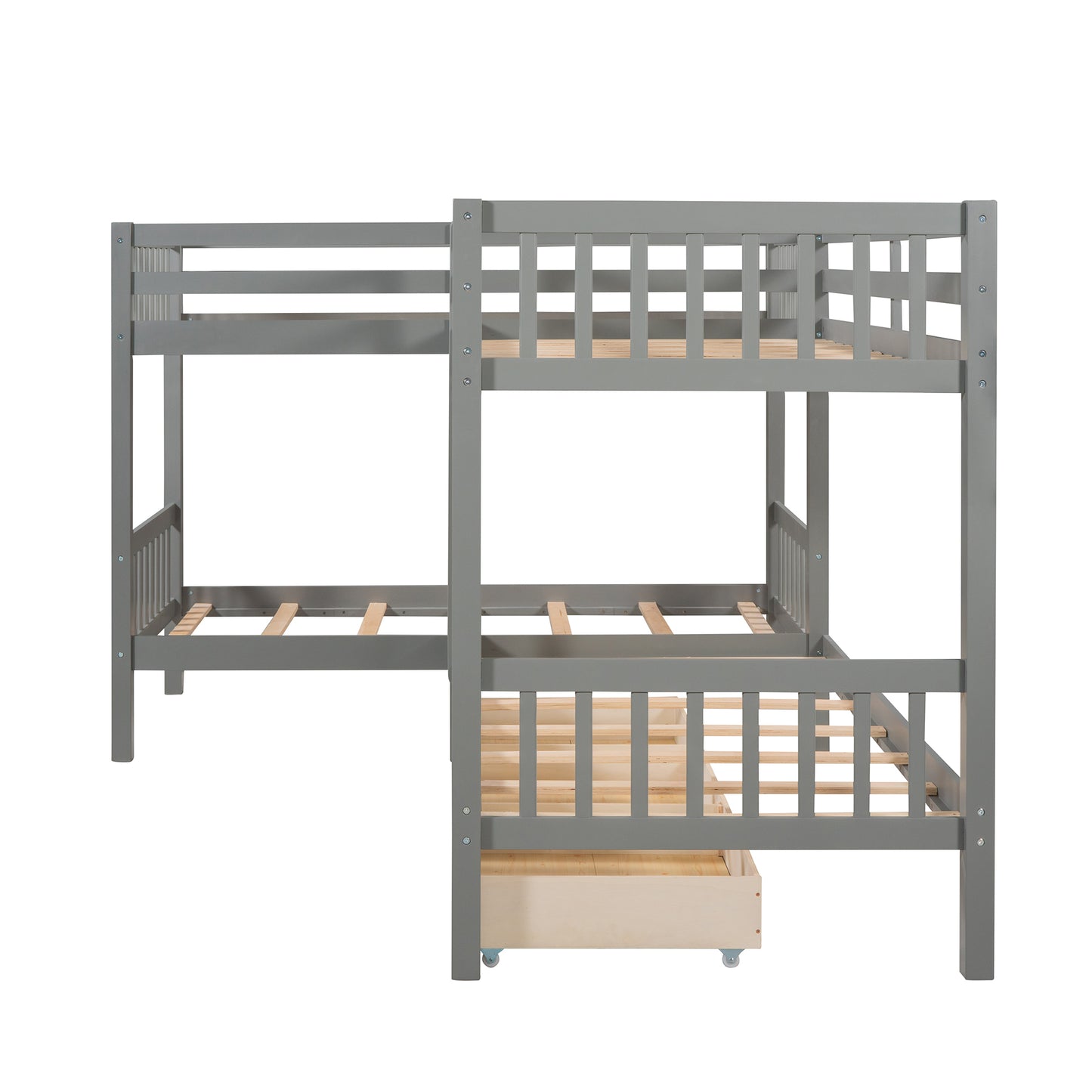 Homey Life Twin L-Shaped Bunk bed with Drawers-Gray