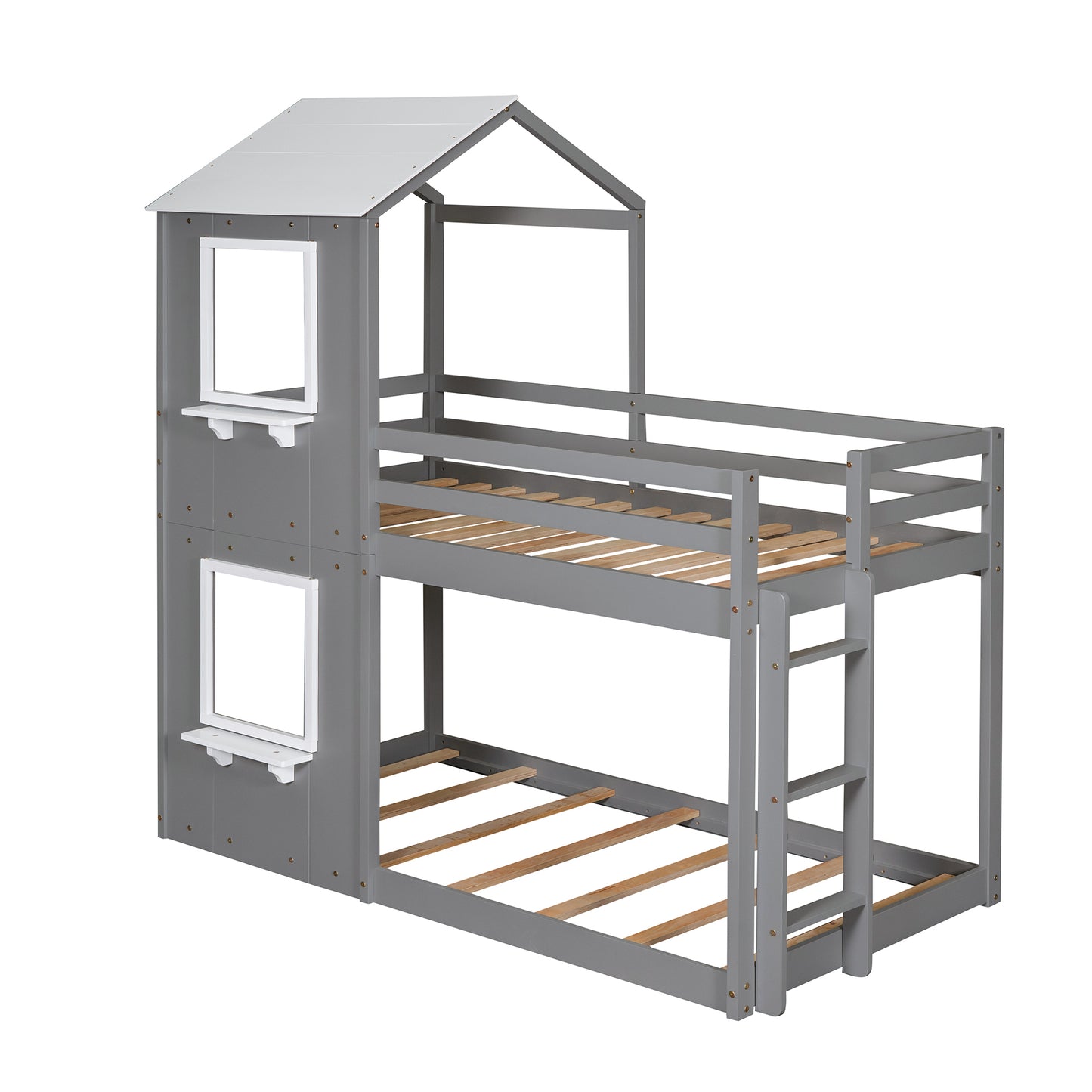 Homey Life Twin Over Twin Bunk Bed Wood Bed with Roof, Window, Guardrail, Ladder Gray & White