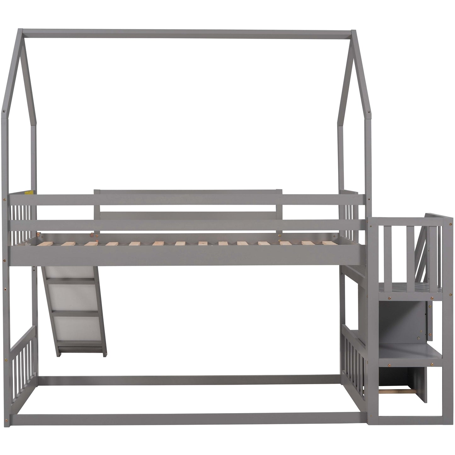 WM Store Twin over Twin House Bunk Bed with Convertible Slide,Storage Staircase can be Placed Left or Right,Gray