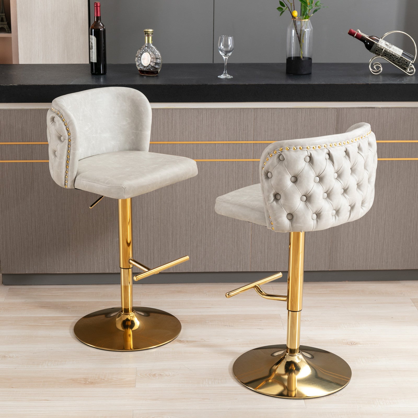 A&A Furniture Modern Swivel Bar Stools in White PU with Gold Base