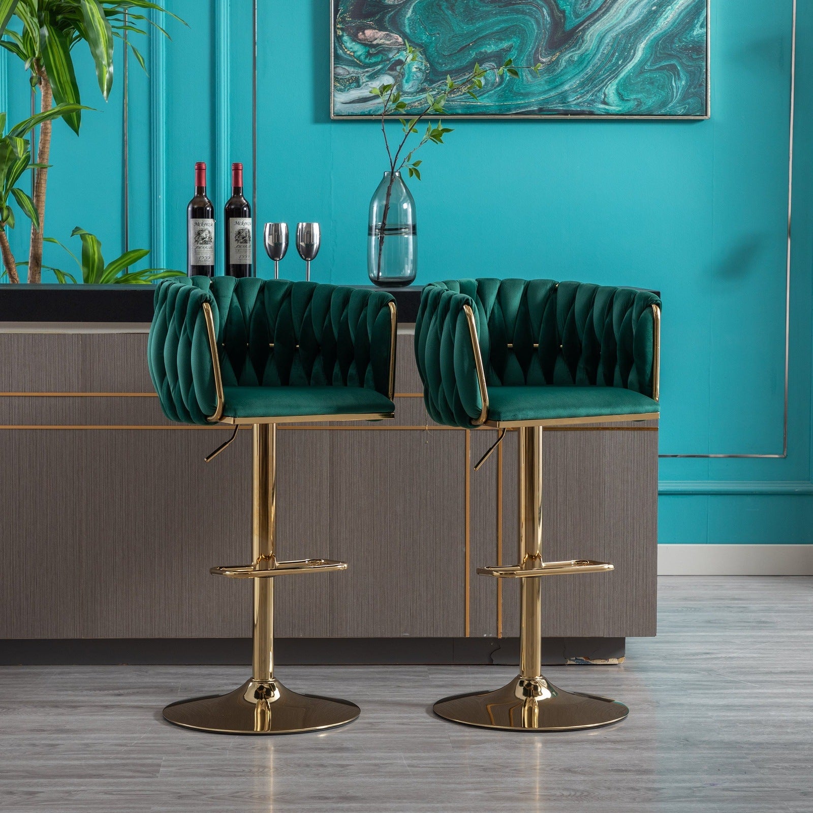 WeeHaa Modern Green Velvet Adjustable Height Bar Stool Set of 2