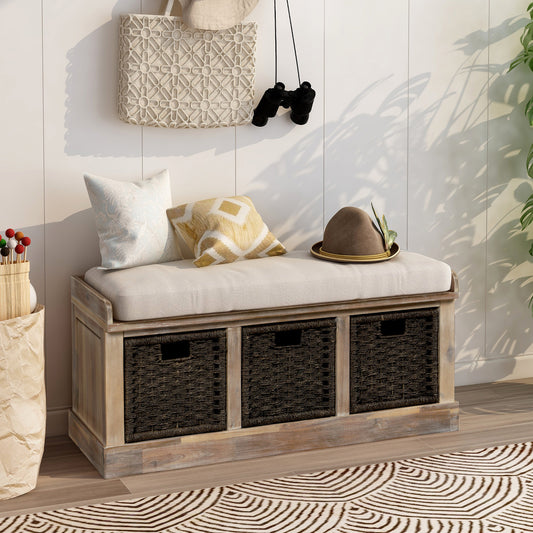 TREXM Rustic Storage Bench with 3 Removable Classic Rattan Basket - White Washed