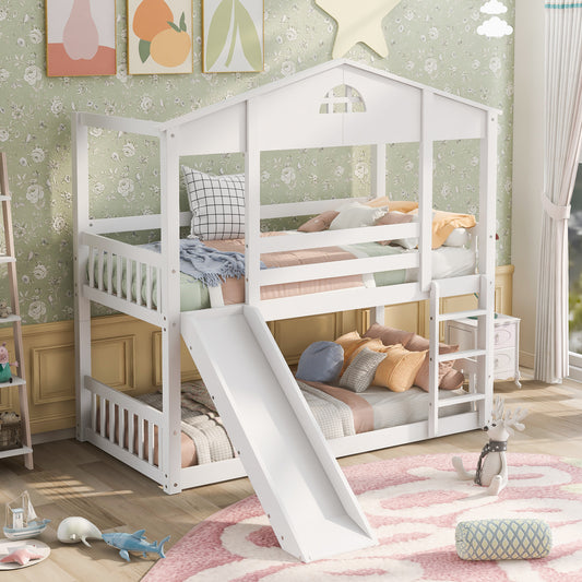 Twin over Twin House Bunk Bed with Convertible Slide and Ladder,Converts into 2 Separate Platform Beds,White