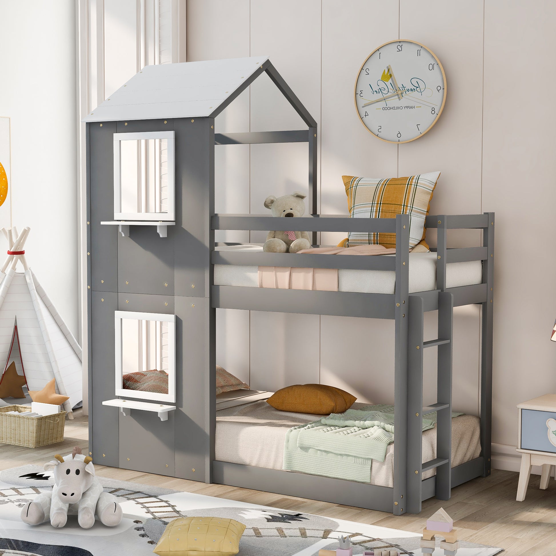 Homey Life Twin Over Twin Bunk Bed Wood Bed with Roof, Window, Guardrail, Ladder Gray & White