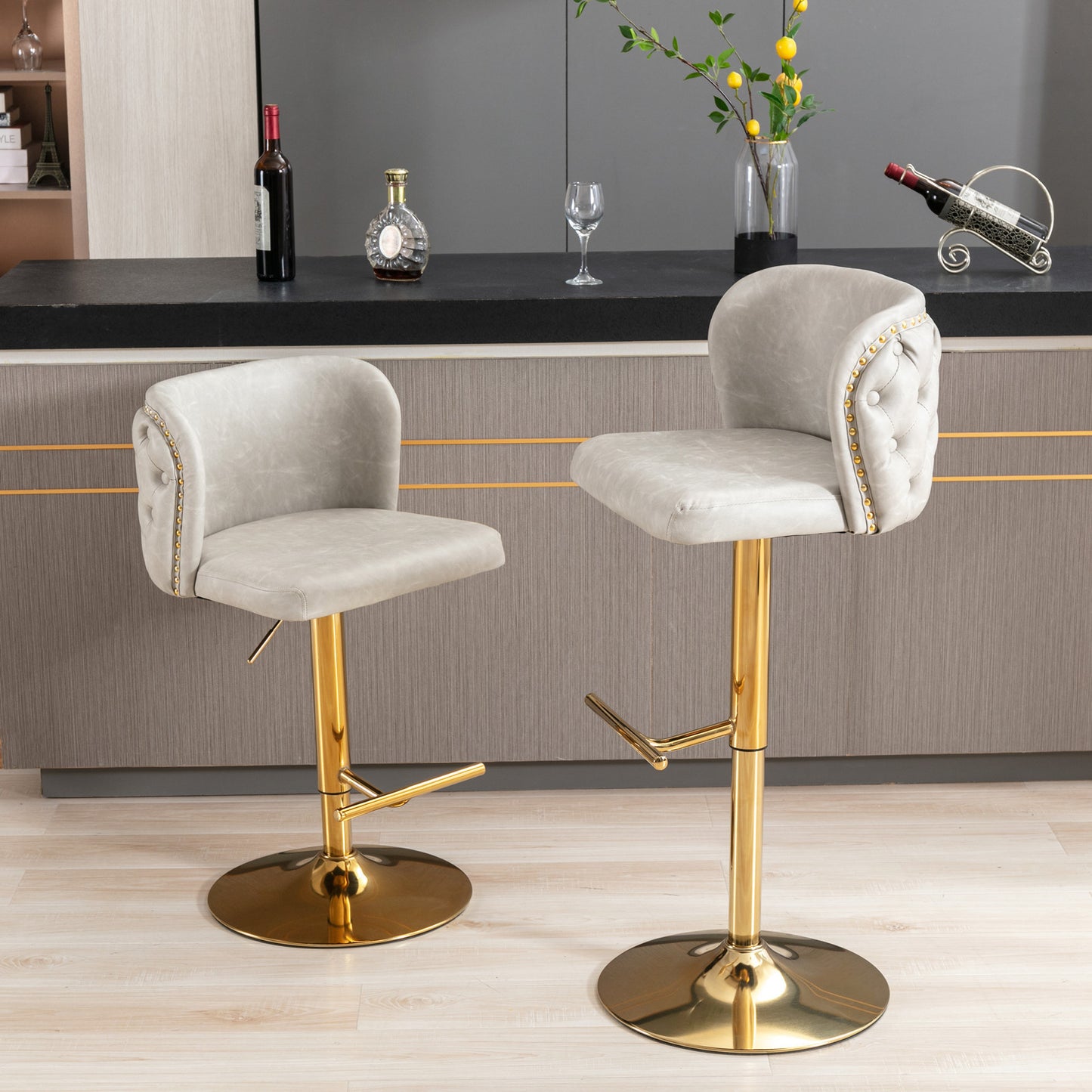 A&A Furniture Modern Swivel Bar Stools in White PU with Gold Base