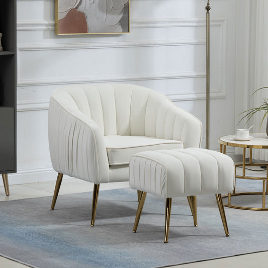 Velvet Accent Chair with Ottoman Set in Beige