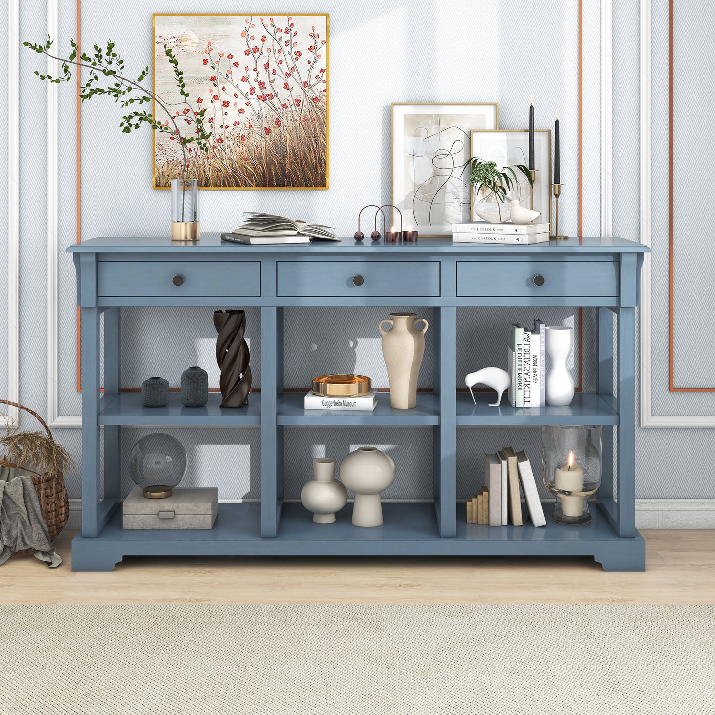 Transitional Console Table with 3 Drawers & Open Shelves - Teal