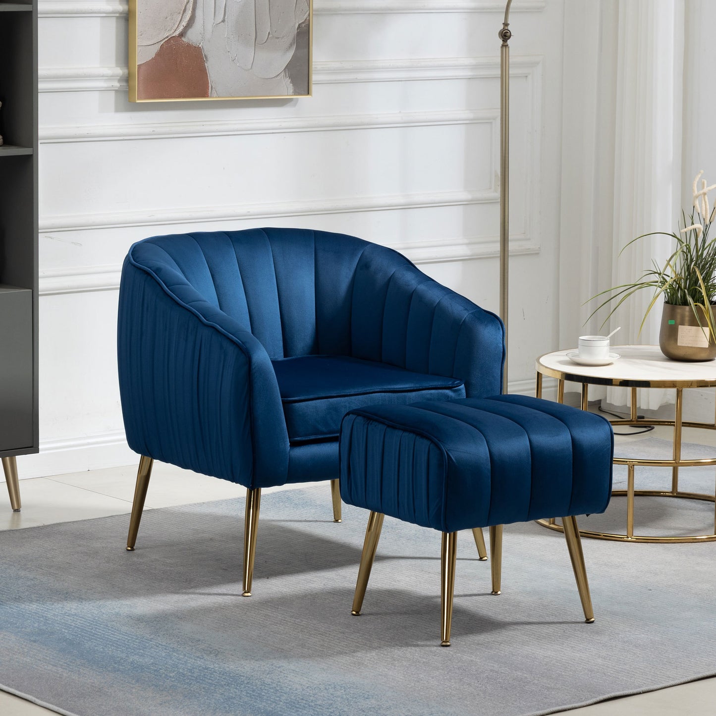 Velvet Accent Chair with Ottoman Set in Blue