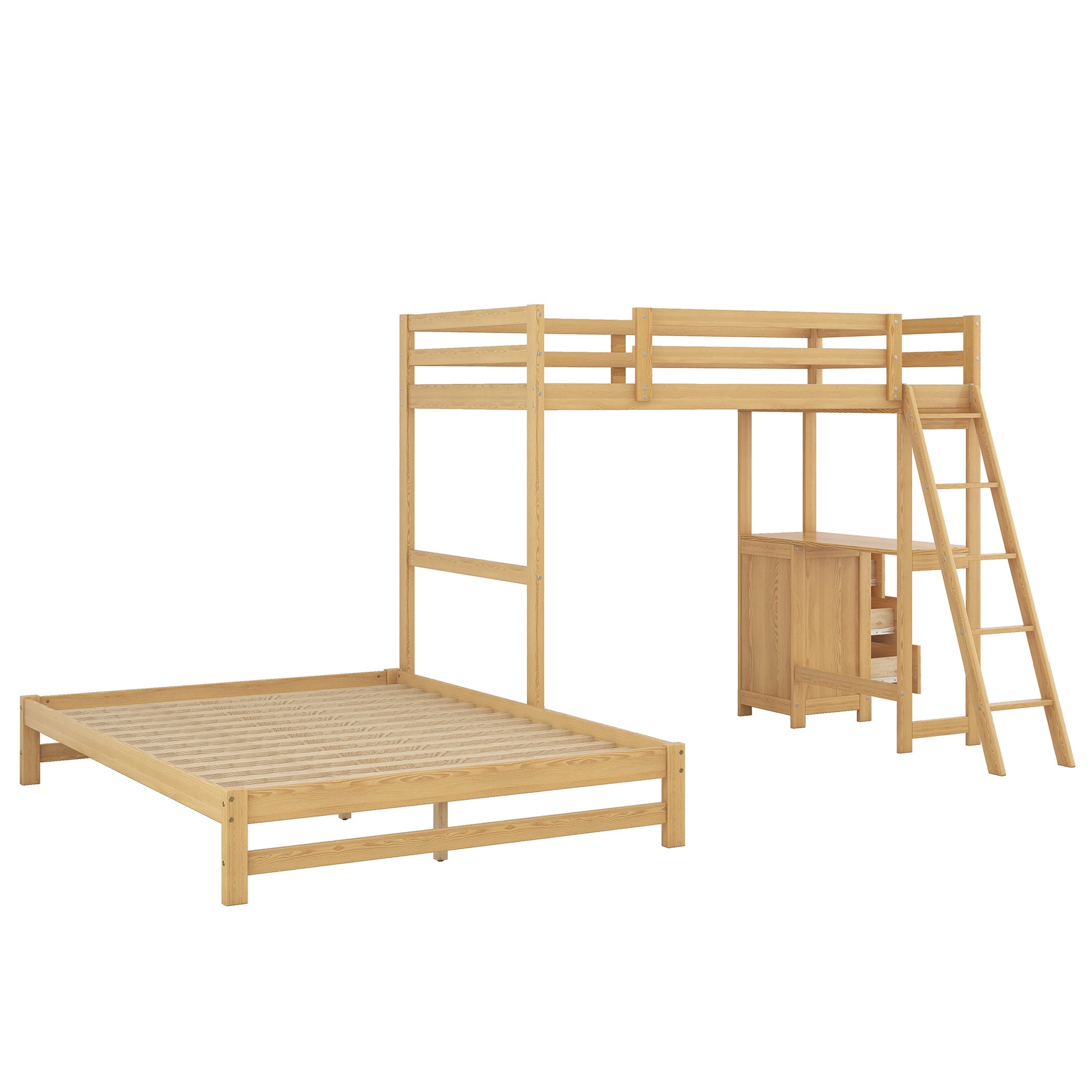 WM Store Twin over Full Bunk Bed with Built-in Desk and Three Drawers,Natural