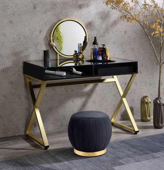 ACME Coleen Vanity Desk w/Mirror & Jewelry Tray in Black & Gold Finish AC00669