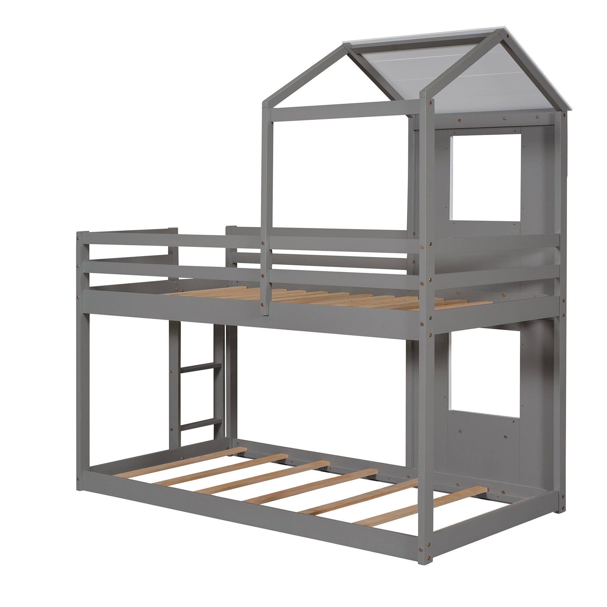 Homey Life Twin Over Twin Bunk Bed Wood Bed with Roof, Window, Guardrail, Ladder Gray & White