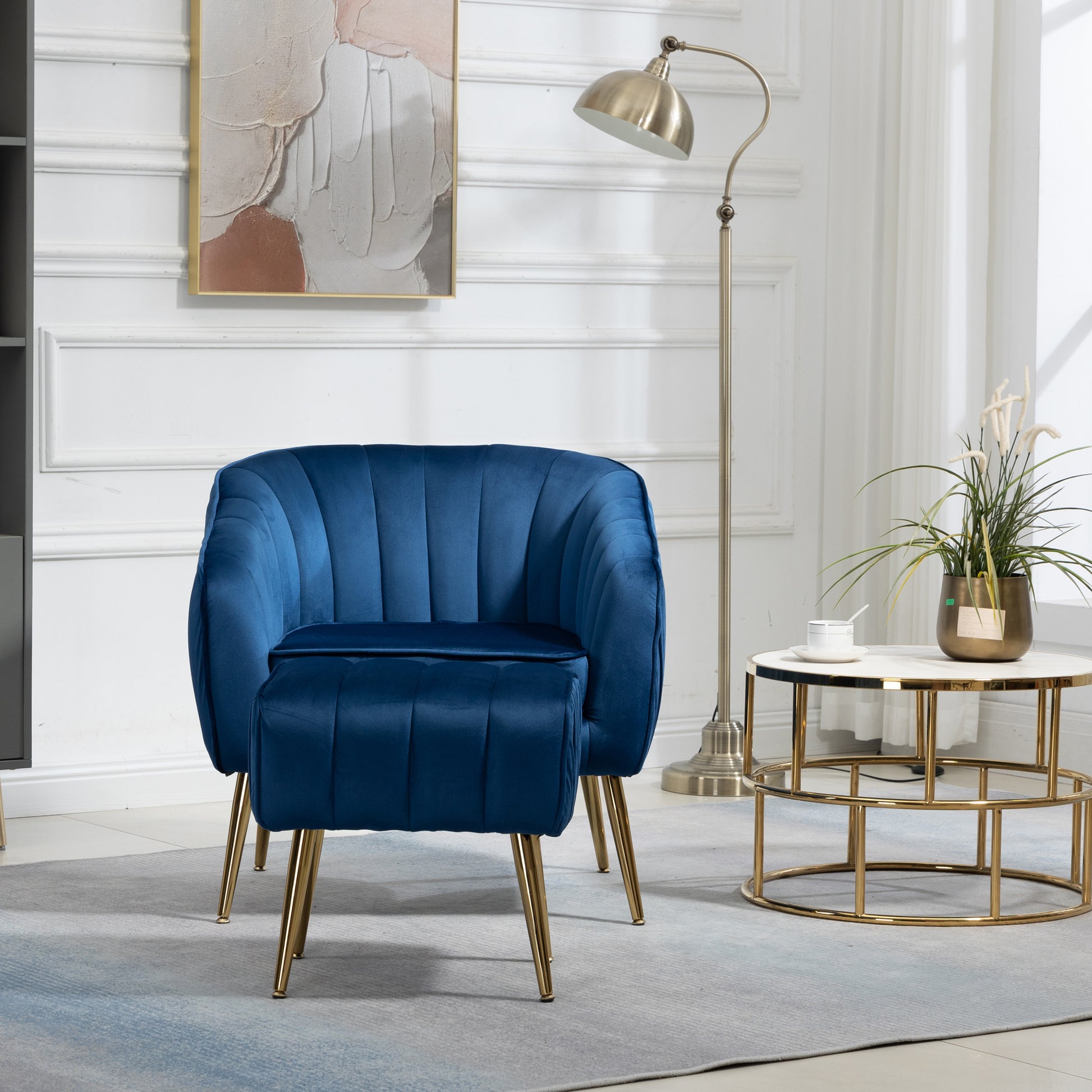 Velvet Accent Chair with Ottoman Set in Blue