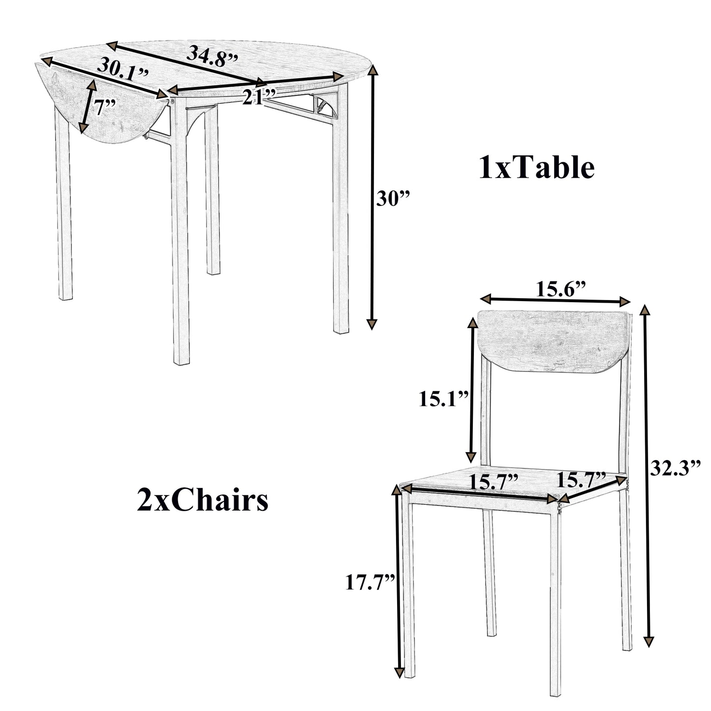 TOPMAX Modern 3-Piece Round Dining Table Set with Drop Leaf