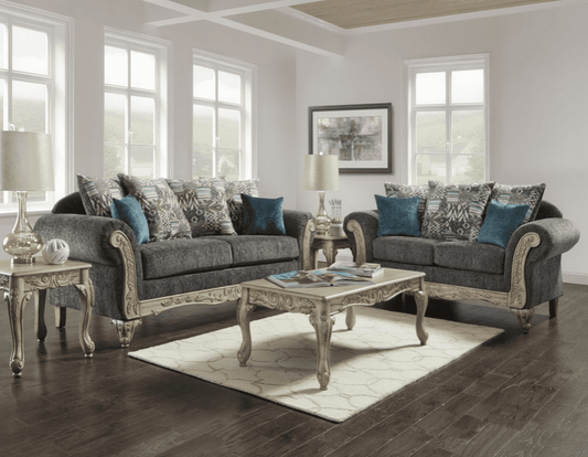 7200 Page Traditional Rolled Arm Sofa & Loveseat Set - Gray