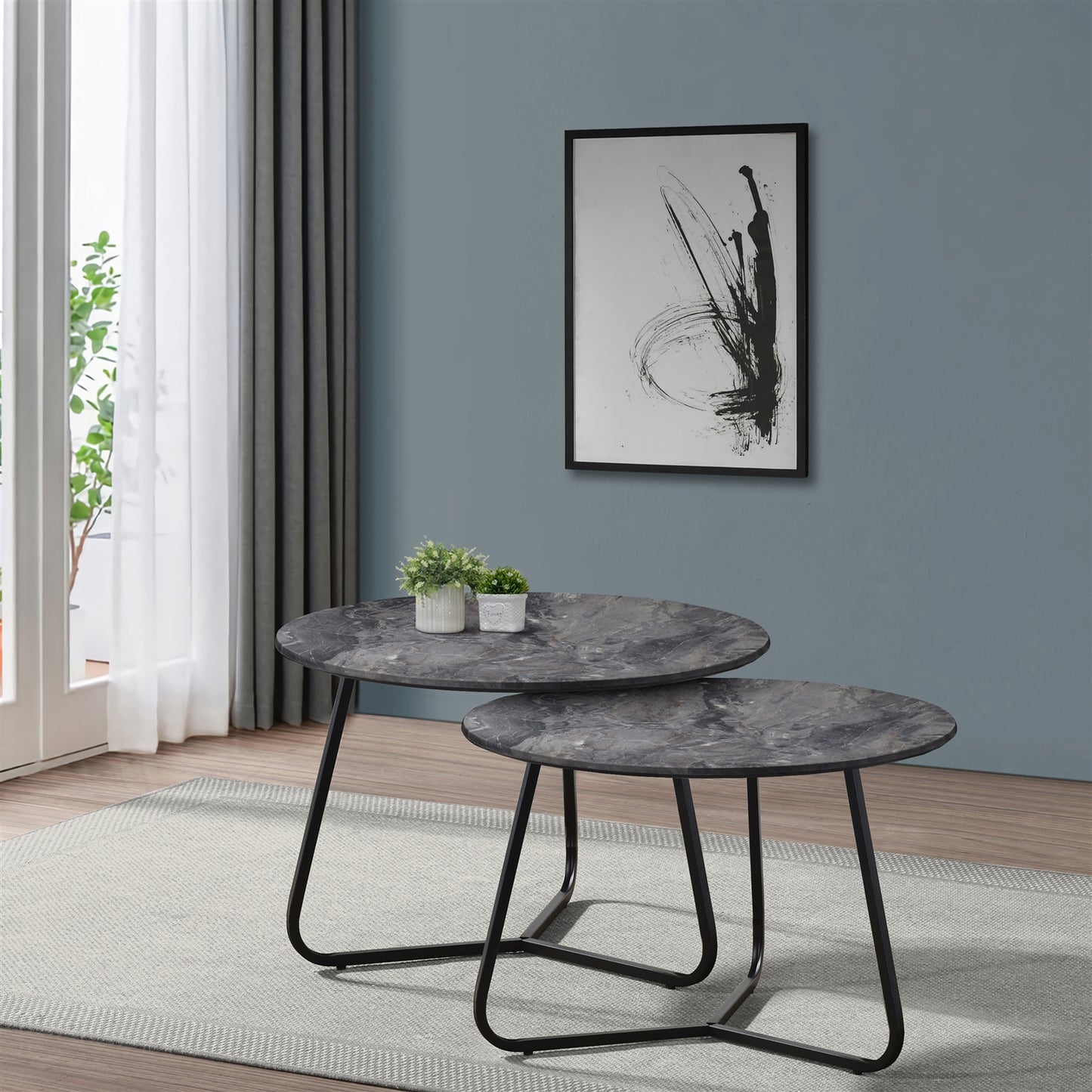 Lennox 2-Piece Round Coffee Table Set Faux Slate And Matte Black