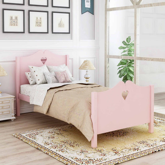 Twin Size Wood Platform Bed with Headboard,Footboard and Wood Slat Support Pink