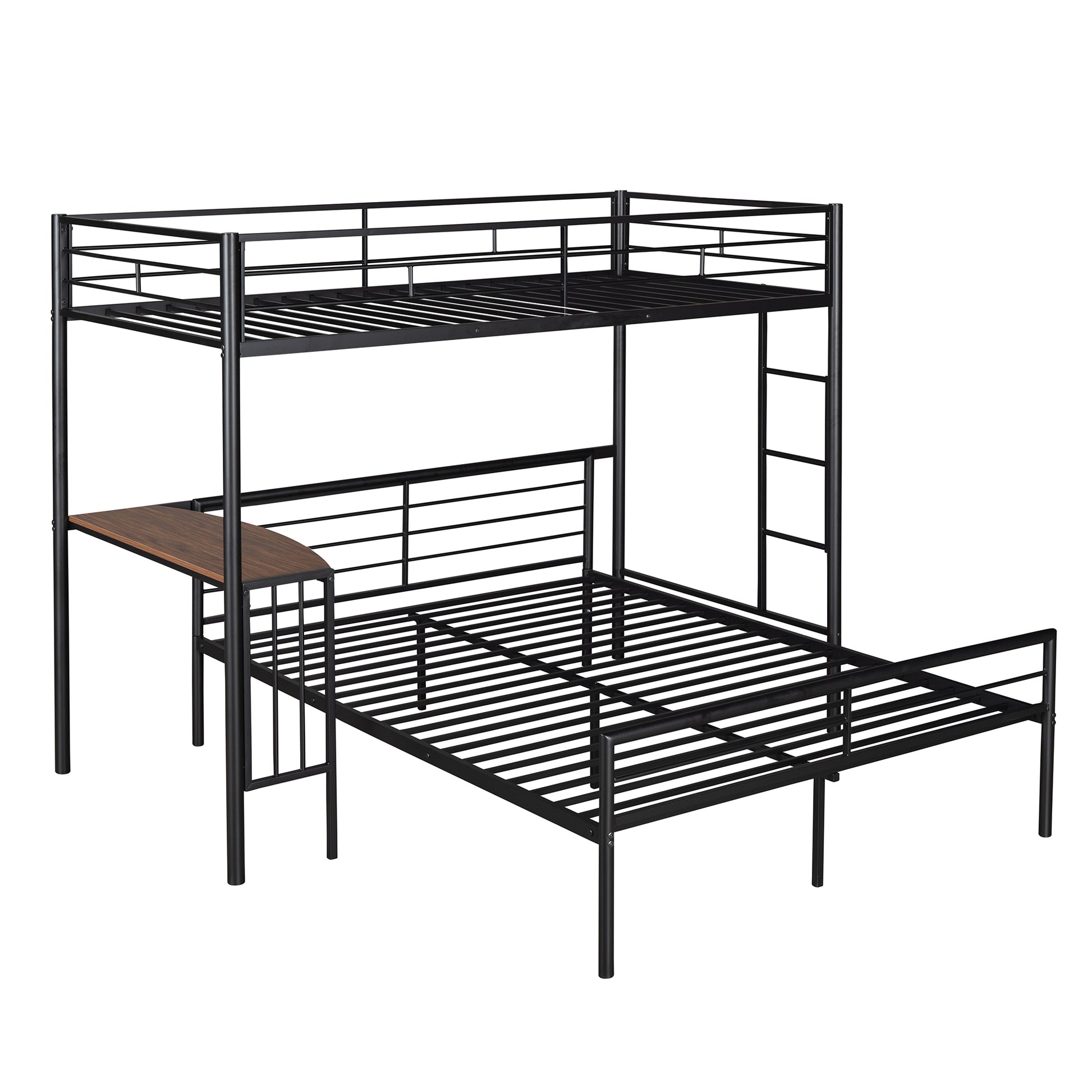 Homey Life Twin Over Full Metal Bunk Bed with Desk & Ladder in Black