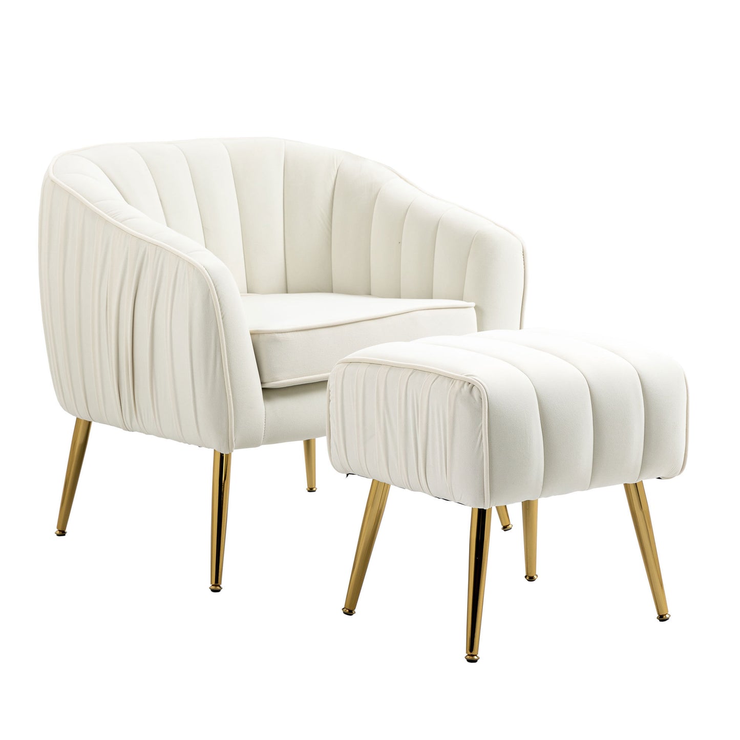 Velvet Accent Chair with Ottoman Set in Beige